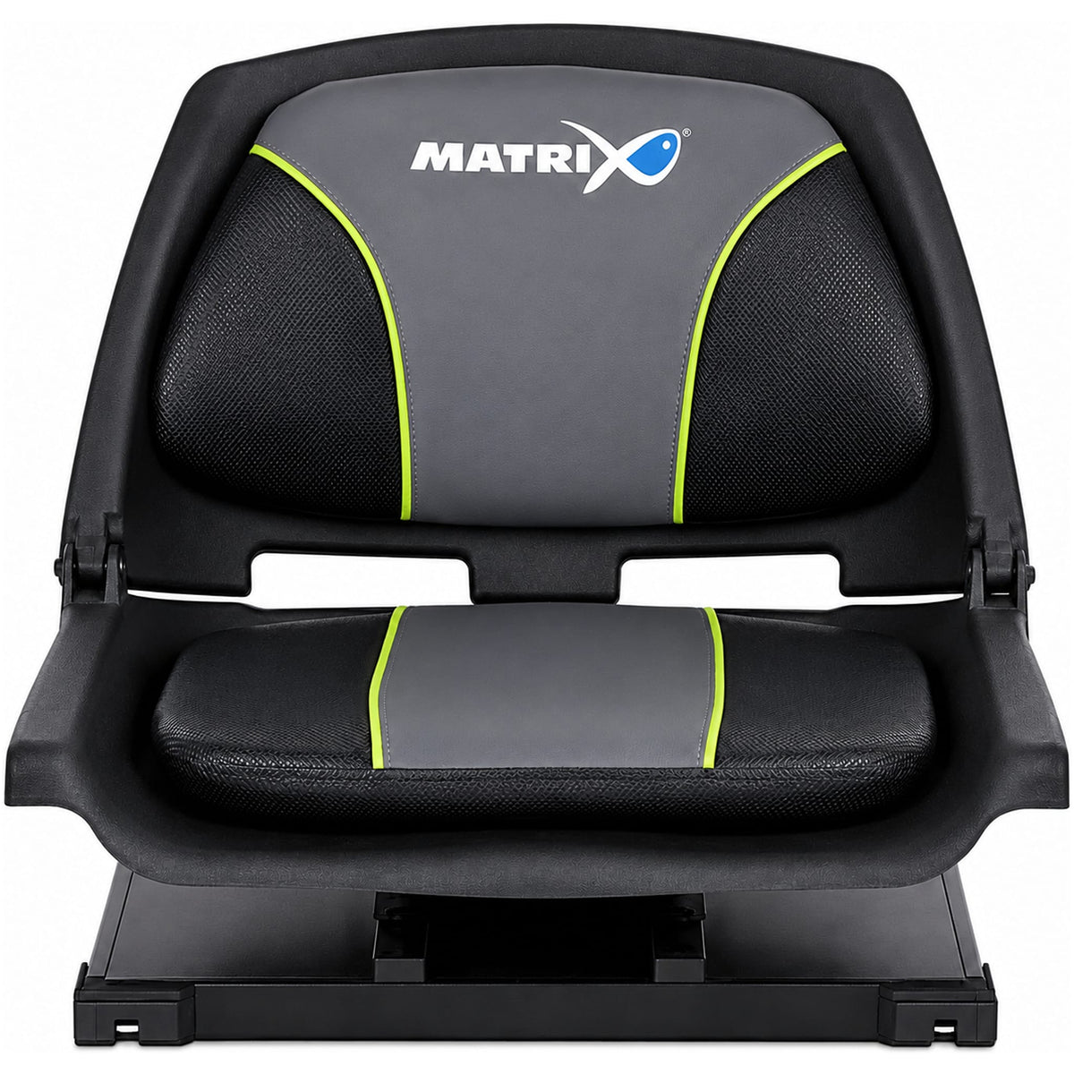 Matrix-draaistoel in vooraanzicht met grijs-zwarte bekleding, groene biezen en zwart rechthoekig onderstel.