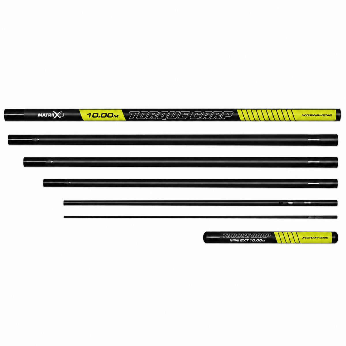 Overzicht van Matrix Torque Carp-hengeldelen met korte mini-extension op witte achtergrond