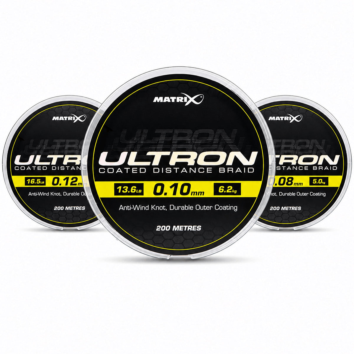 Matrix Ultron Coated Braid – drie spoelen met 0.10 mm vooraan en twee uitvoeringen erachter