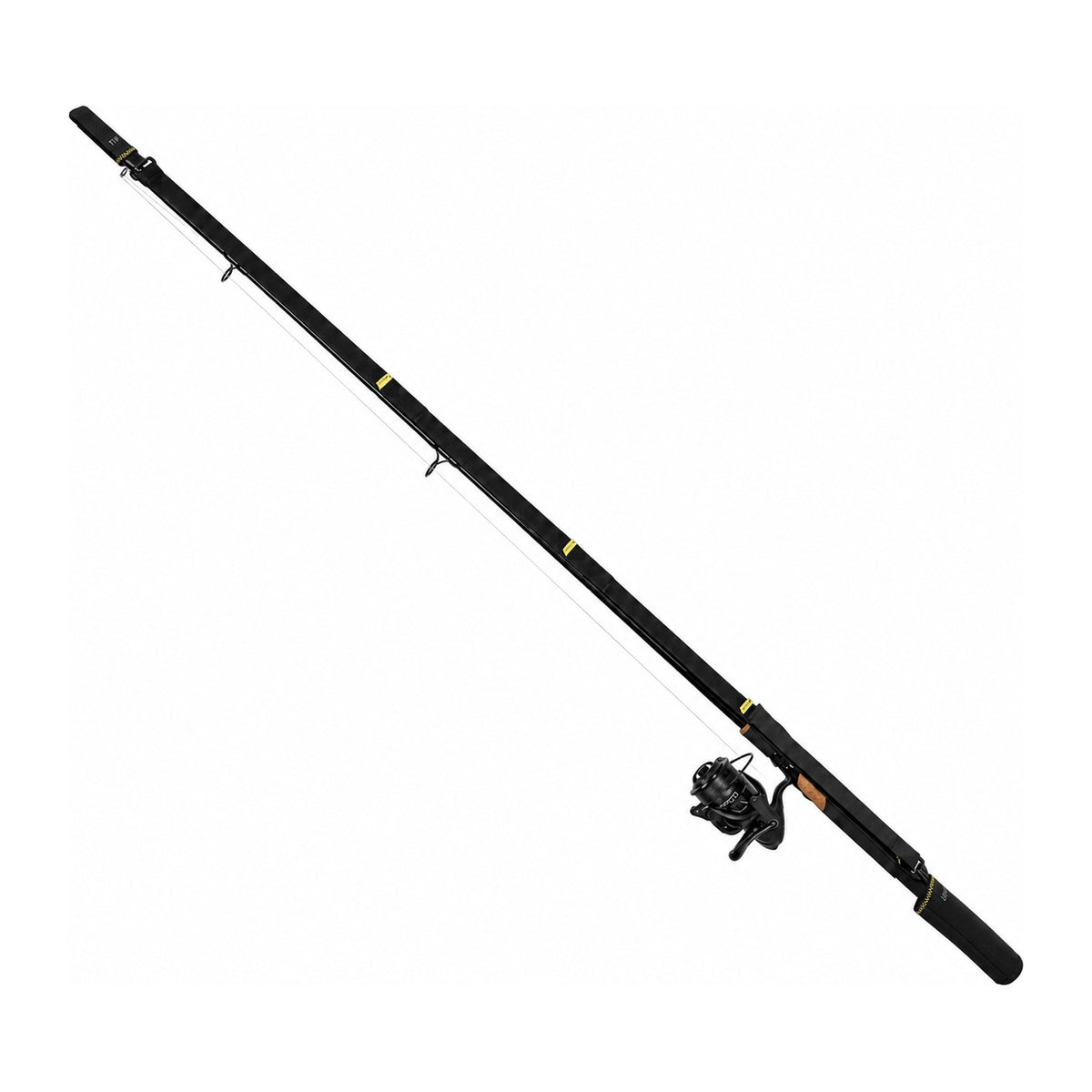 Matrix X-stretch Top and Tail Rod Bands GAC450 om een opgebonden hengel, met TIP- en BUTT-beschermers en molen als gebruikscontext