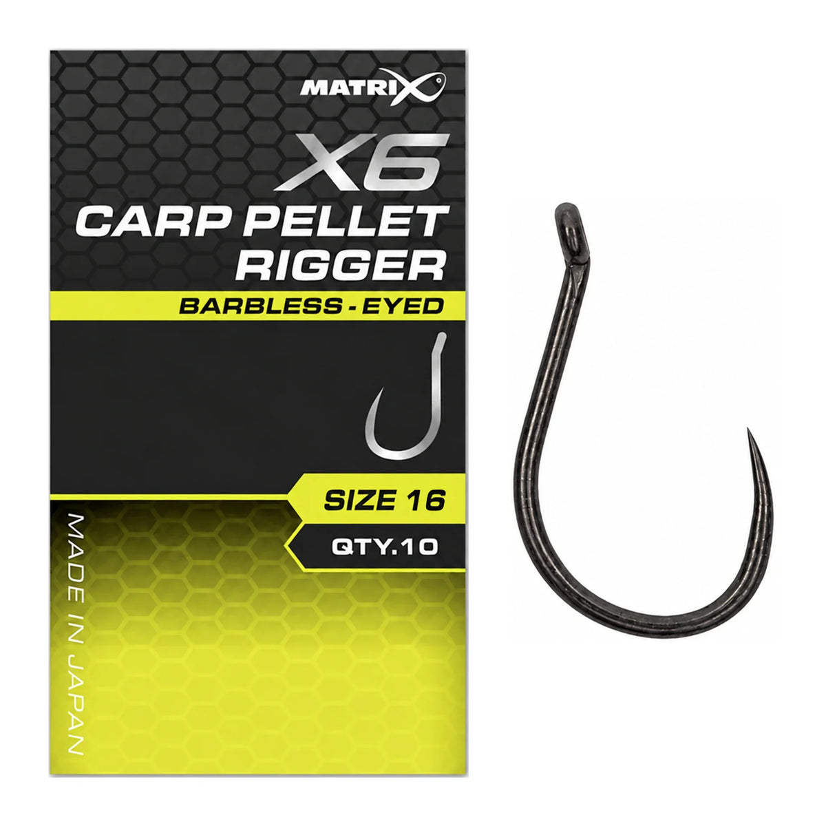 Matrix X6 Carp Pellet Rigger Barbless Eyed – verpakking en weerhaakloze ooghaak, maat 16