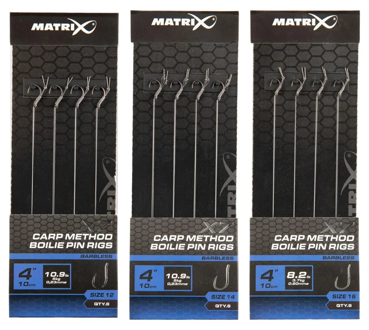 Matrix X7 Carp Method Boilie Pin Rigs 10 cm – drie originele verpakkingen met onderlijnen zonder weerhaak