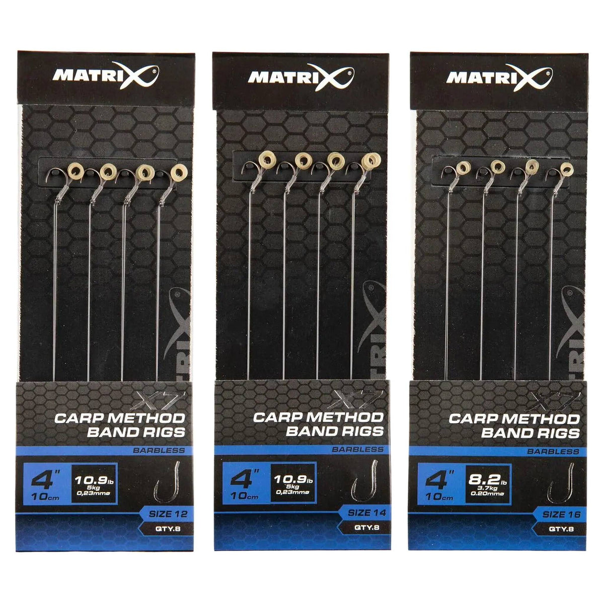 Matrix X7 Carp Method Band Rigs 4 inch, verpakkingen haak 12, 14 en 16 naast elkaar