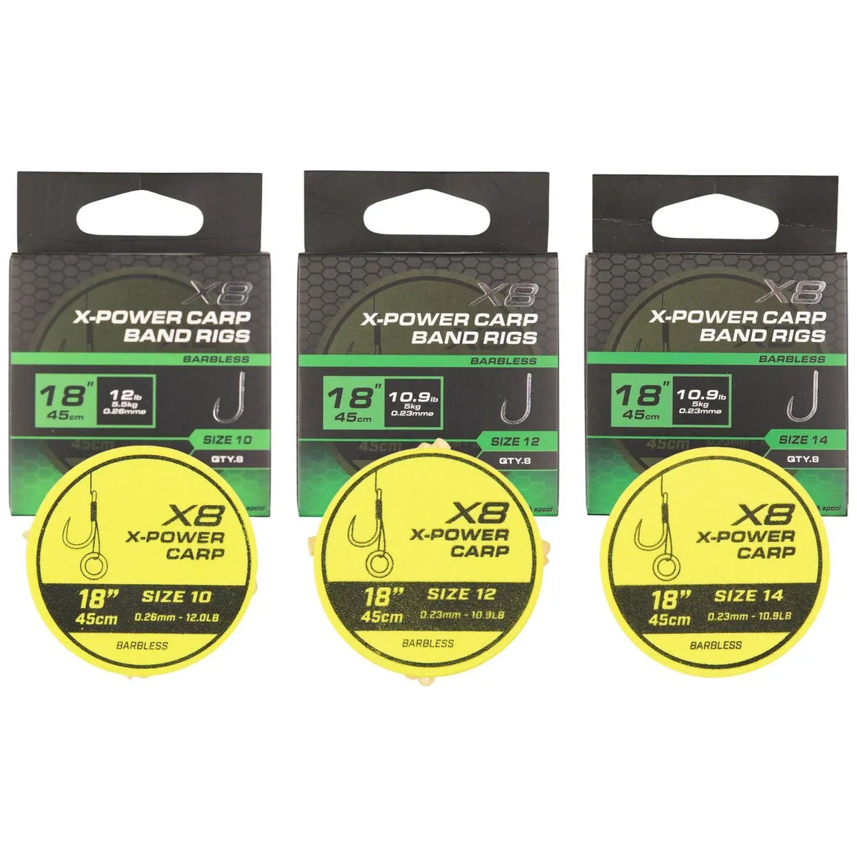Matrix X8 X-Power Carp 45cm Band Rigs 45 cm Onderlijnen met Bait Band (8 stuks) GRR128/GRR129/GRR130 – productfoto 1