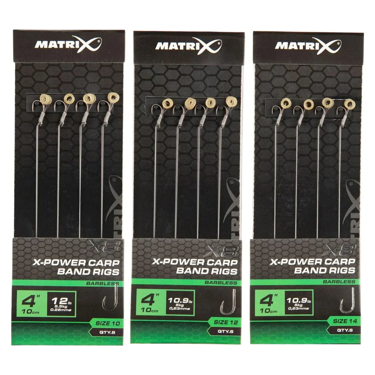 Matrix X8 X-Power Carp Band Rigs 10 cm – drie verpakkingen haakmaat 10, 12 en 14