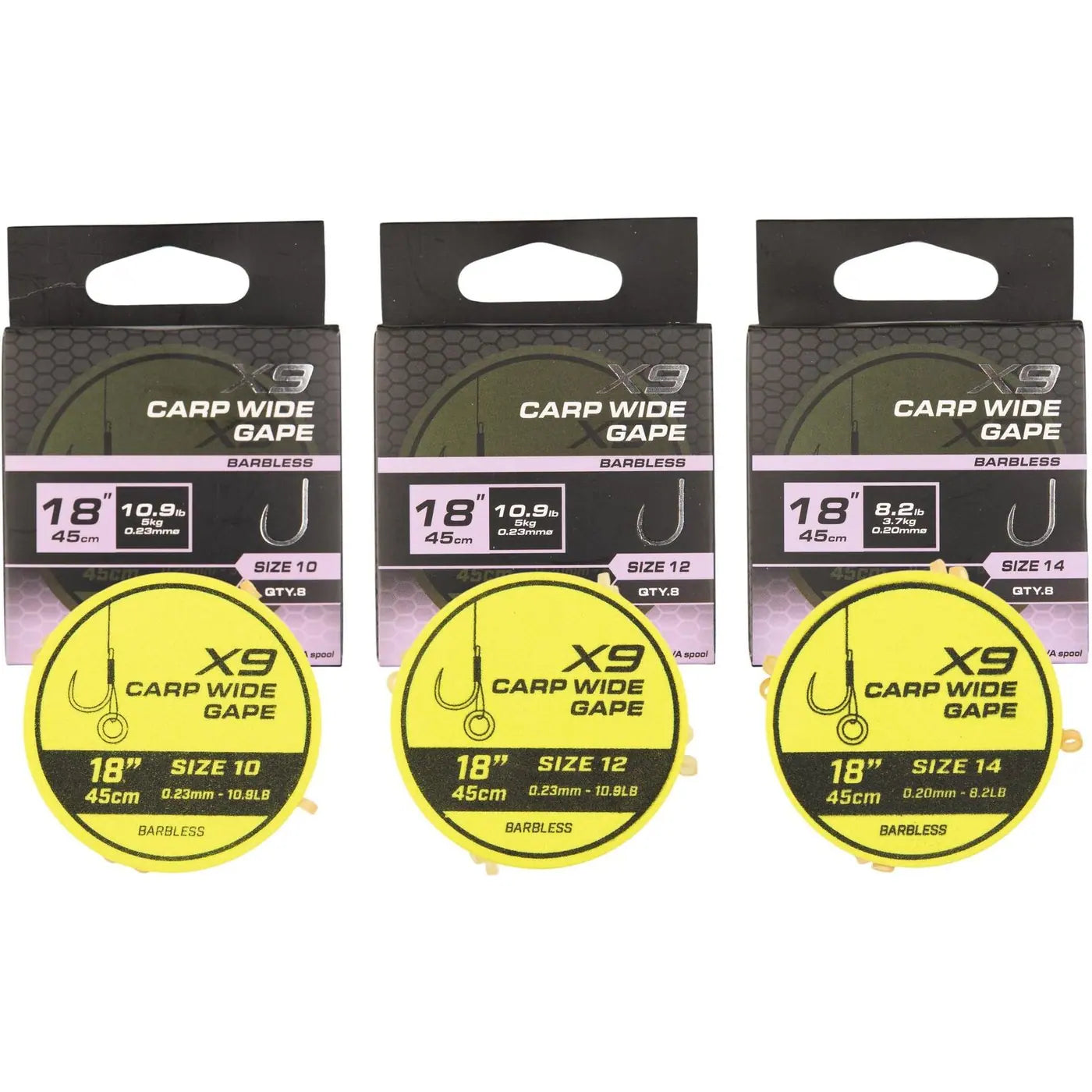 Matrix X9 Carp Wide Gape 45cm Band Rigs 45 cm Onderlijnen met Bait Band (8 stuks) GRR131/GRR132/GRR133 – productfoto 1