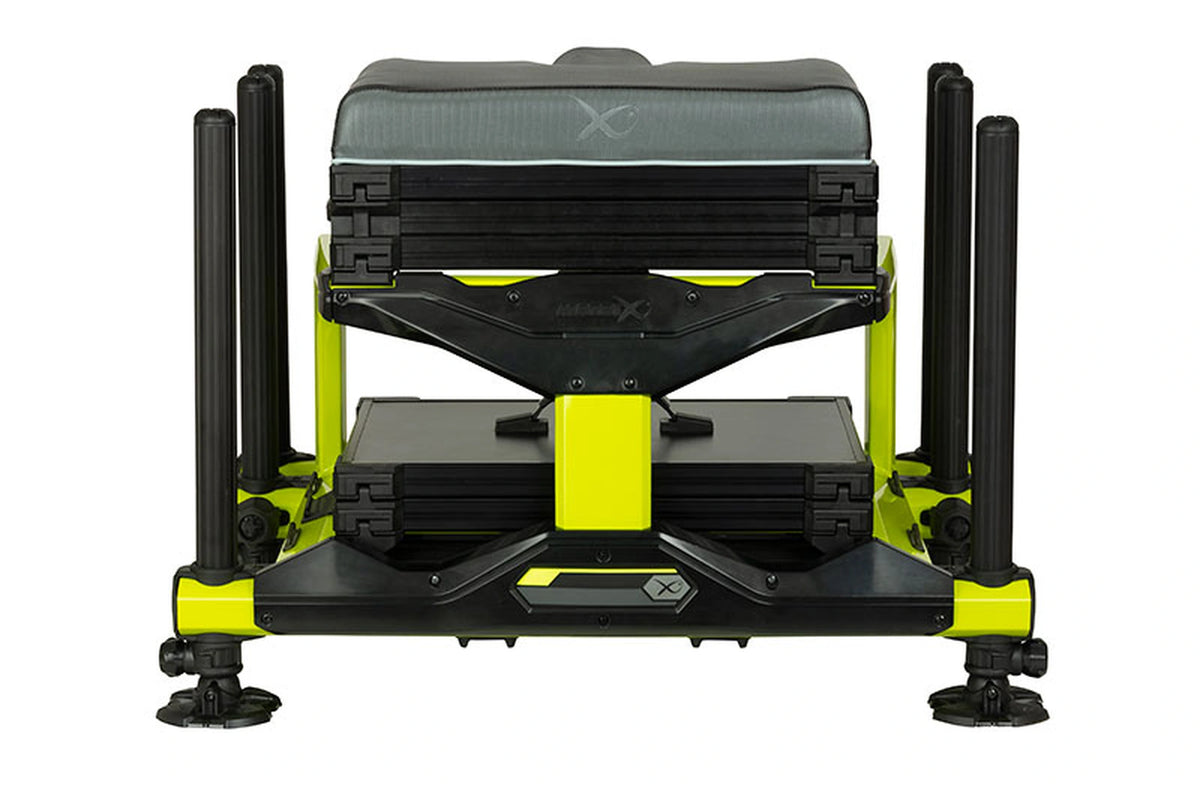 Matrix XR36 Pro Lime Seatbox – achteraanzicht met zwarte dwarssteunen, limekleurige middenkolom en opbergmodules