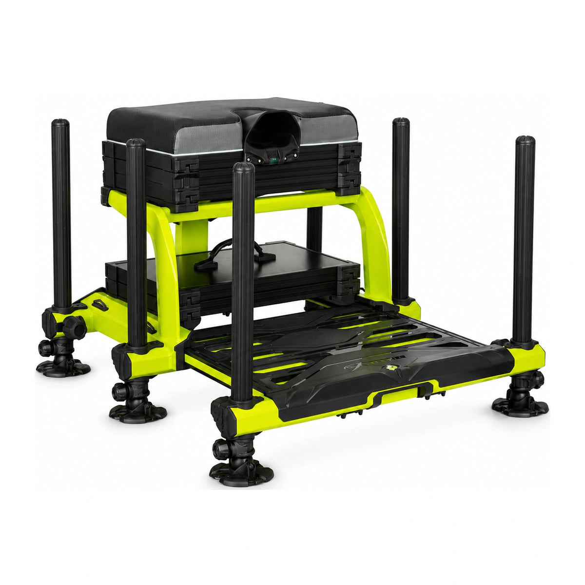 Matrix XR36 Pro Lime Seatbox – zitkist met limekleurig frame, zwarte modules, gevoerde zitting en uitschuifbare voetplaat