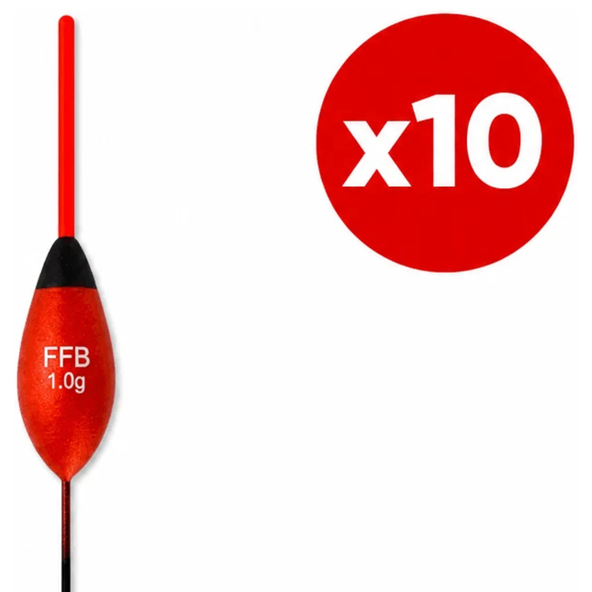 Rode FFB-dobber met zwarte bovenkant, rode antenne en x10-aanduiding op witte achtergrond.