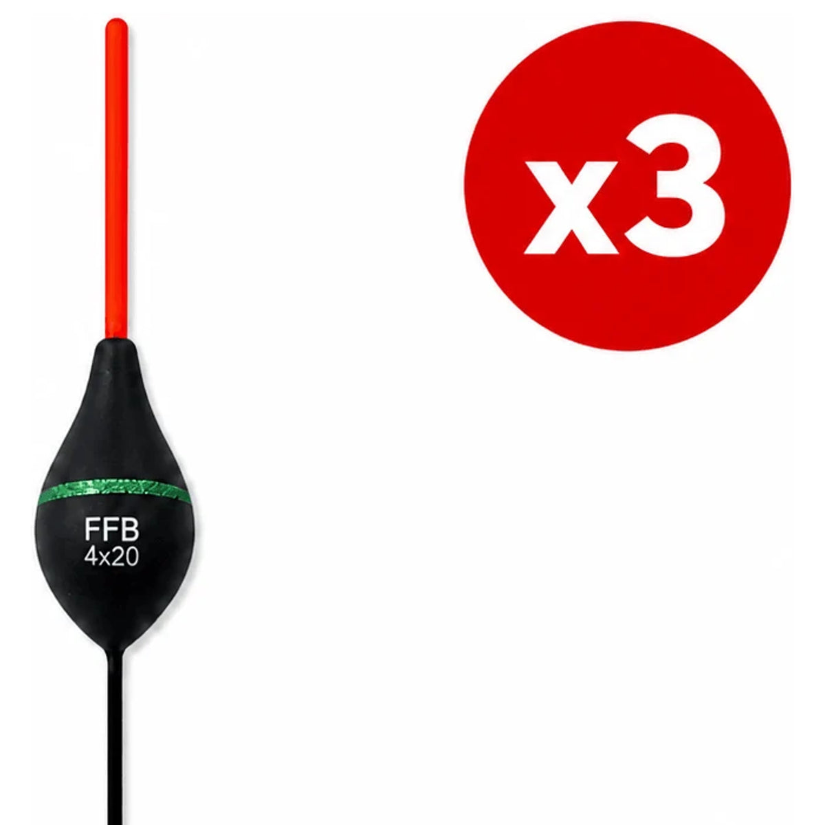 Zwarte FFB-dobber met groene band, rode antenne en x3-aanduiding op witte achtergrond.