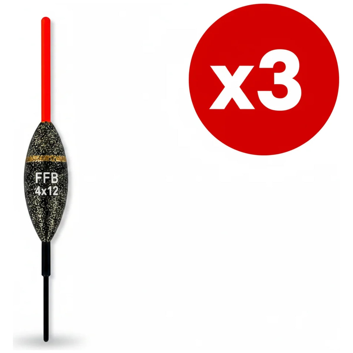 Zwart-goud gespikkelde FFB-dobber met goudkleurige band, rode antenne en x3-aanduiding.