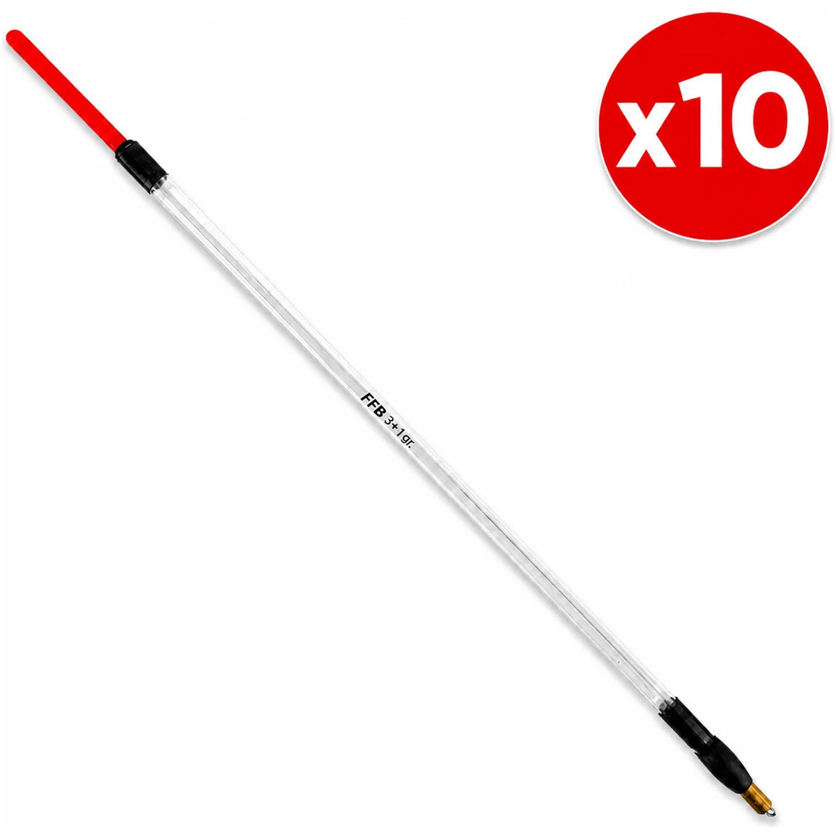 Transparante FFB-dobber met rode top, zwarte aansluitingen, messingkleurige bevestiging en x10-aanduiding.
