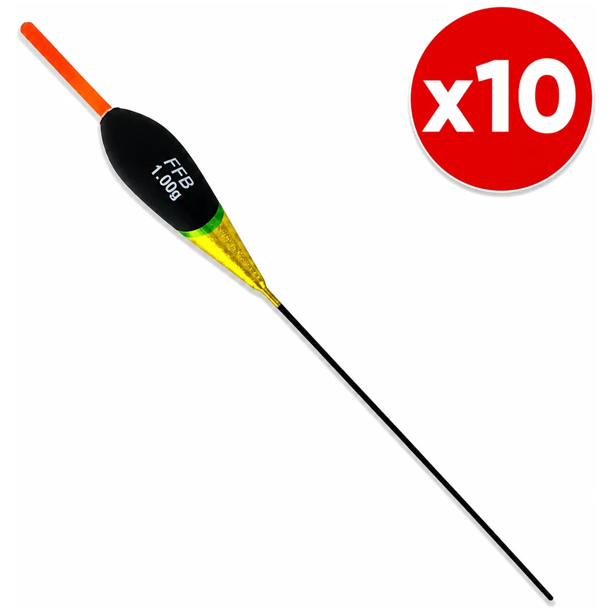 Schuin afgebeelde zwart-goudkleurige FFB-dobber met oranje antenne en x10-aanduiding.