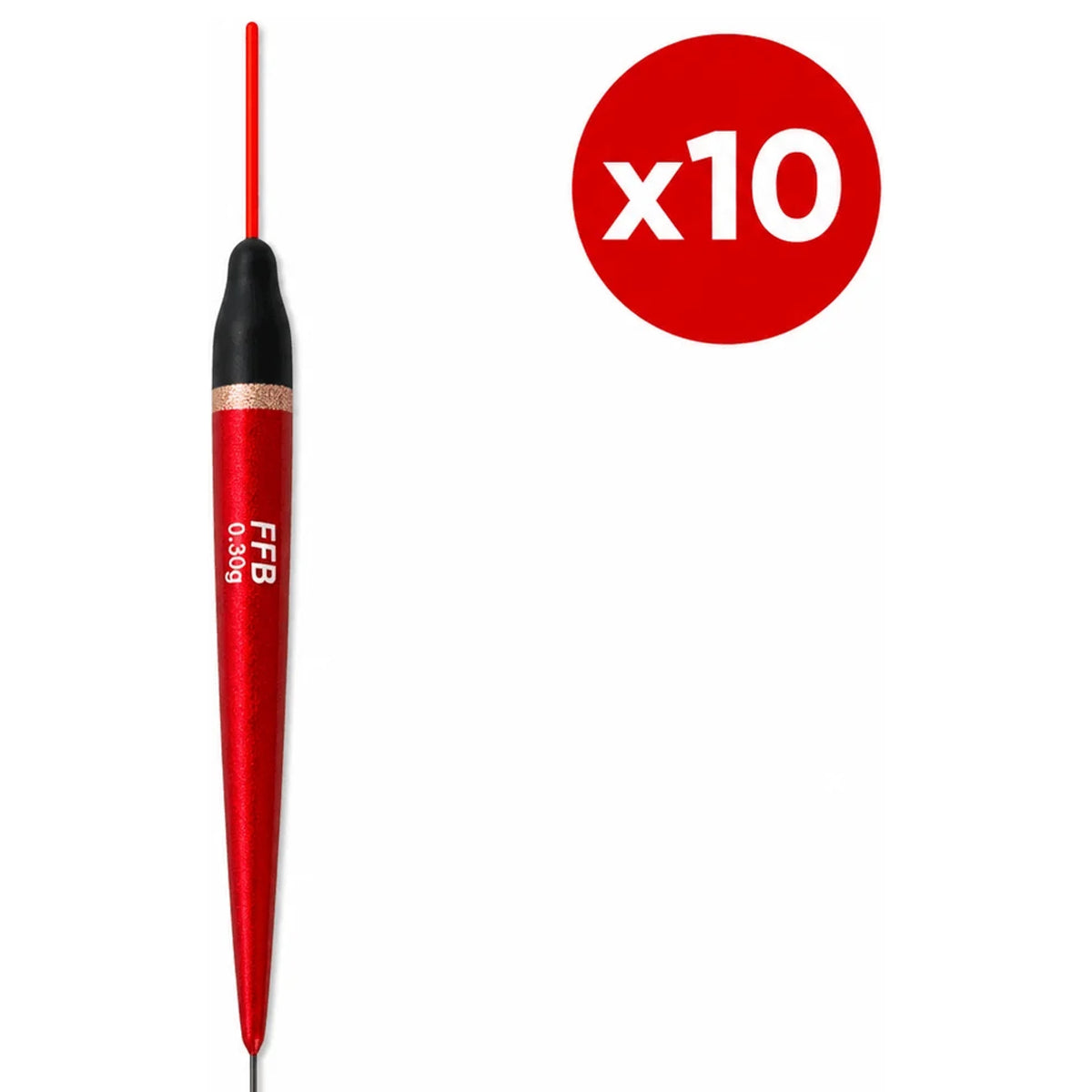 Slanke rode FFB-dobber met zwarte bovenkant, rode antenne en x10-aanduiding.
