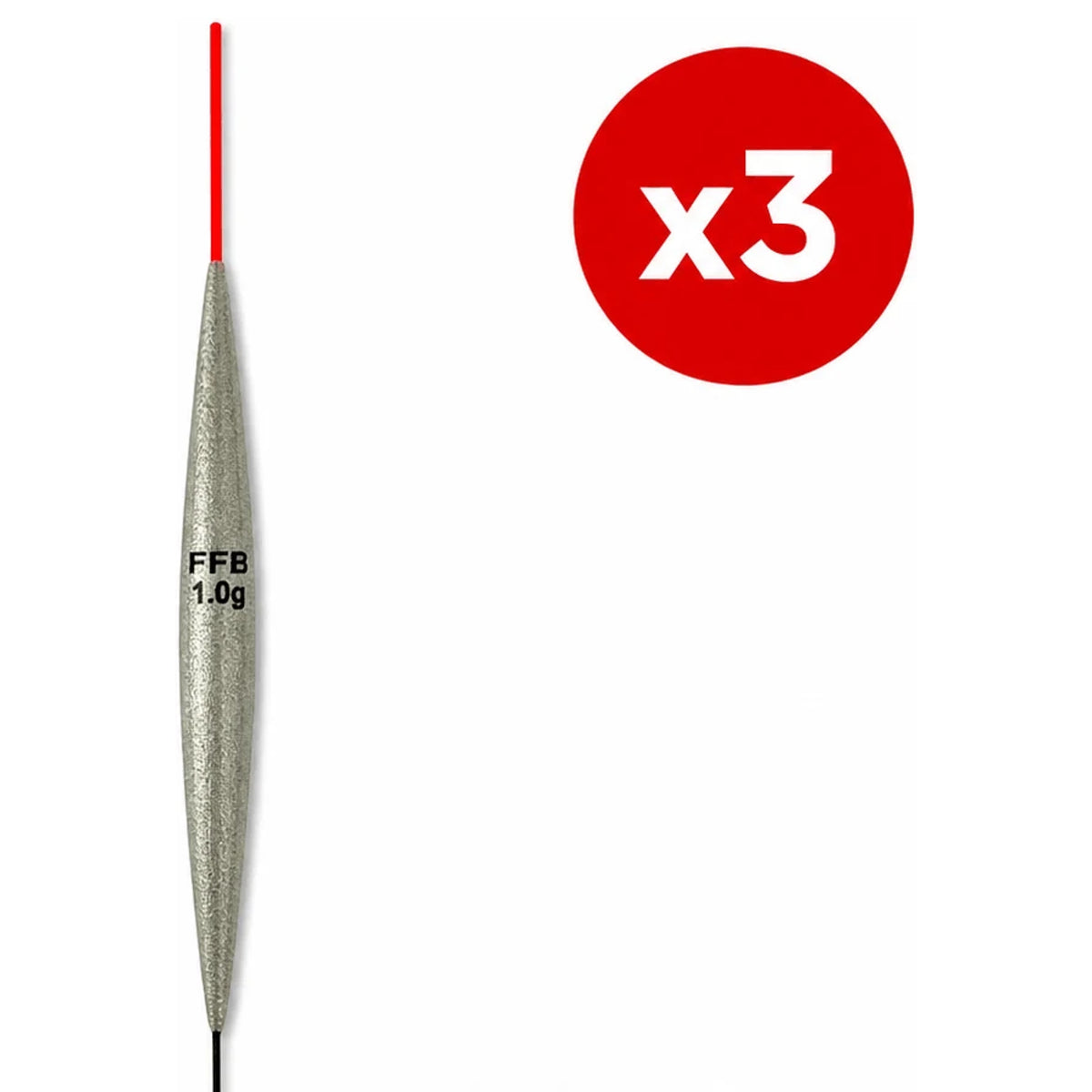 Slanke zilverkleurige FFB-dobber met rode antenne en x3-aanduiding op witte achtergrond.