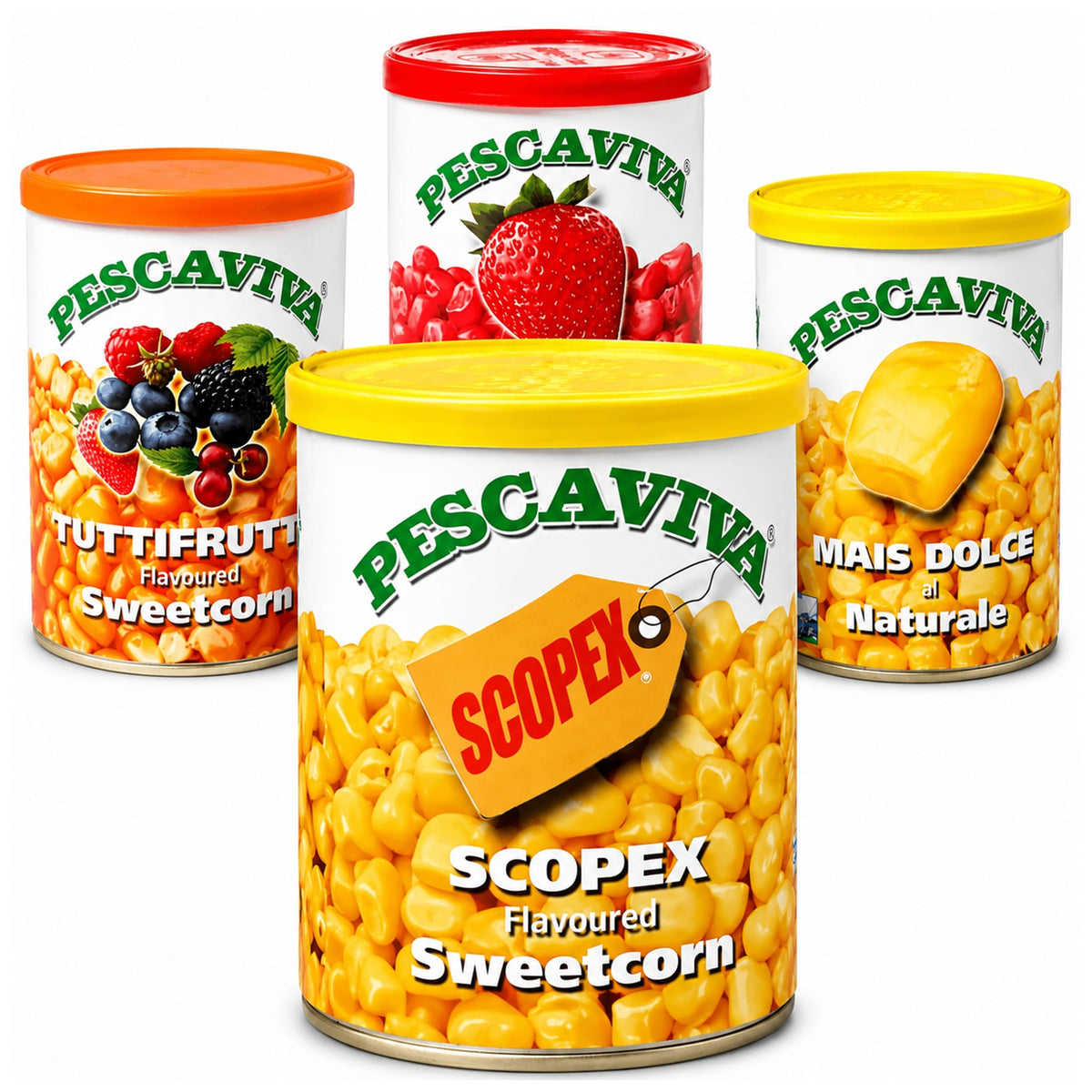 Vier Pescaviva Sweetcorn-blikken met Scopex vooraan, fruitvarianten en Mais Dolce Naturale erachter