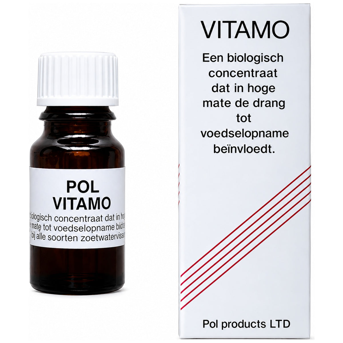 Bruin glazen flesje Pol Vitamo met witte dop naast een hoge witte doos met zwarte tekst en rode strepen.
