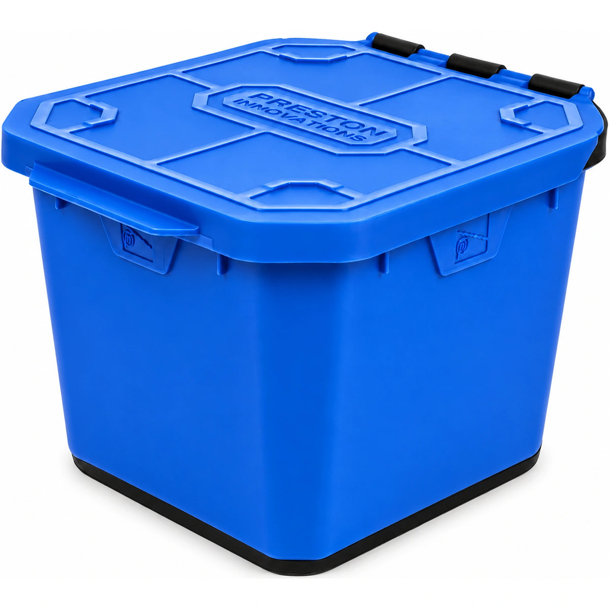 Preston 3 Pint Flip Lid Bait Tub – blauwe aasdoos met gesloten klapdeksel en zwarte bodemrand