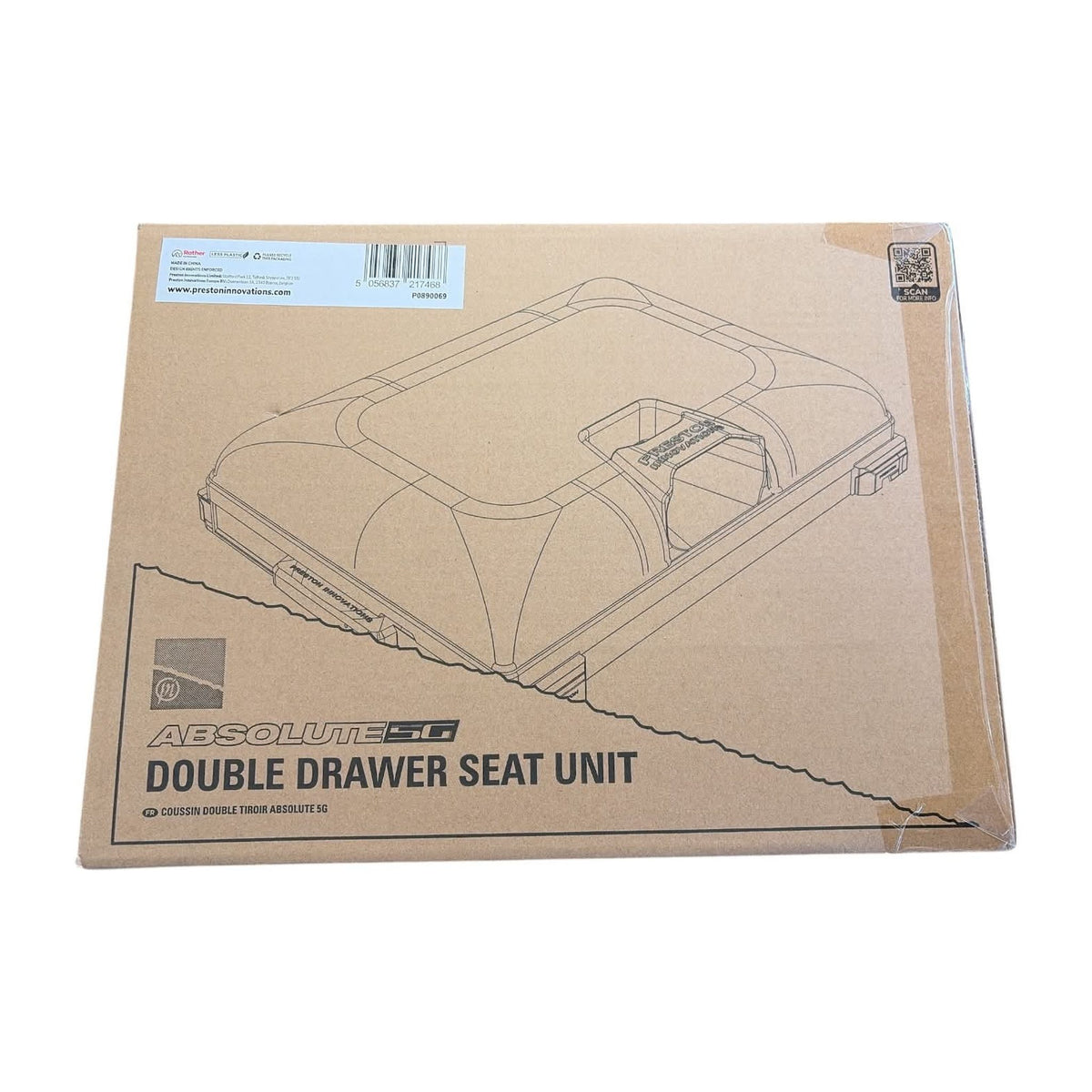 Verpakking van de Preston Absolute 5G Double Drawer Seat Unit met producttekening, artikelcode P0890069 en barcode