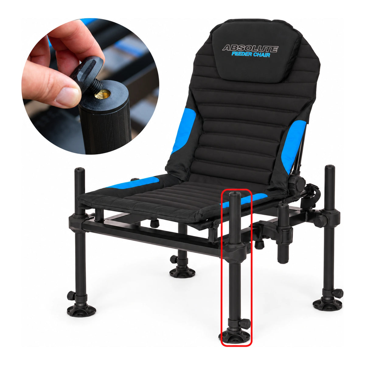 Preston Absolute Feeder Chair Leg: reservepoot rood gemarkeerd op de stoel, met detail van de schroefdraadaansluiting
