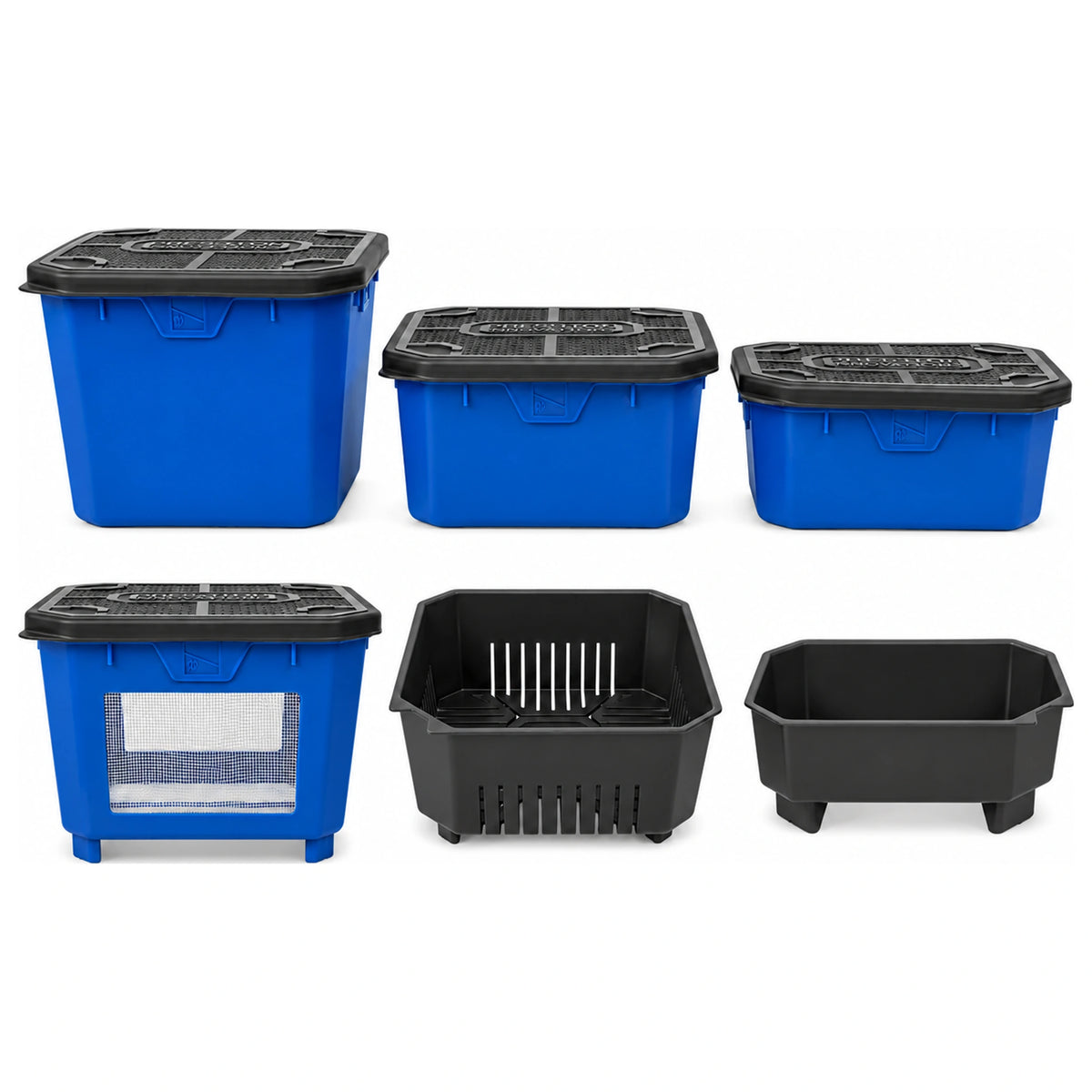 Preston Bait Tubs systeem met blauwe aasdozen, zwarte zeven en deksels