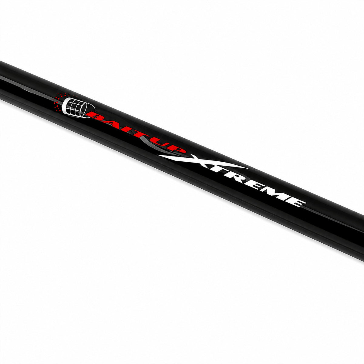 Preston Bait Up Xtreme voerhengel – diagonale detailfoto van de rode BAITUP- en witte XTREME-opdruk