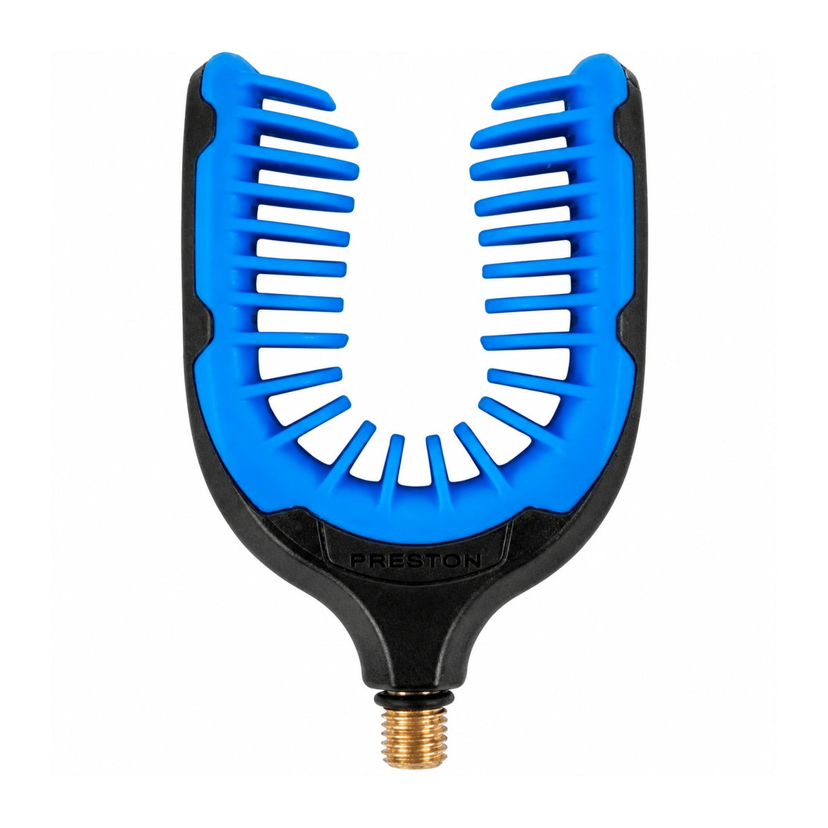 Preston Butt Gripper Rest zwarte hengelsteun met blauwe gripvingers en messing schroefdraad