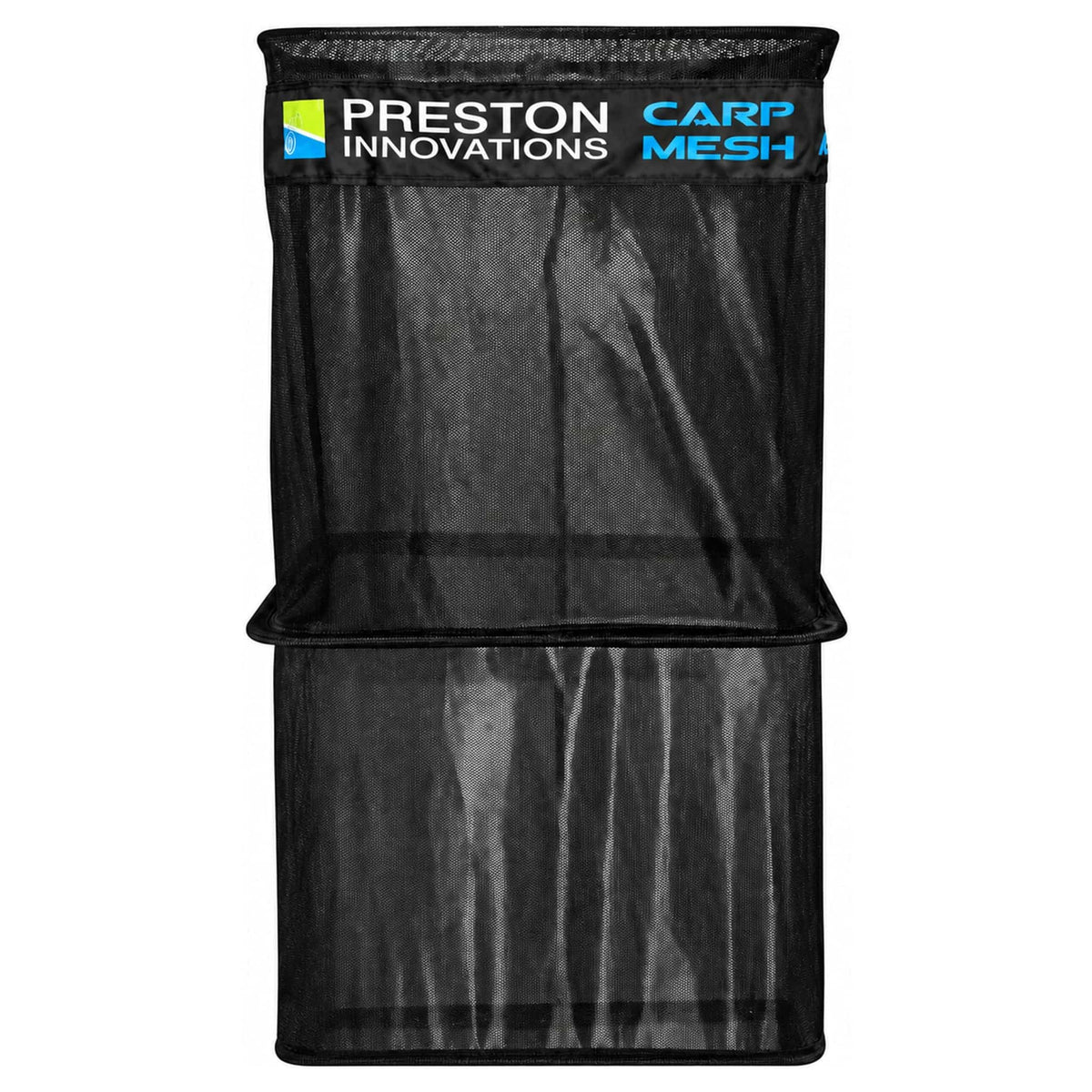 Preston Carp Mesh, zwart leefnet met rechthoekige ringen en blauwe en witte bedrukking