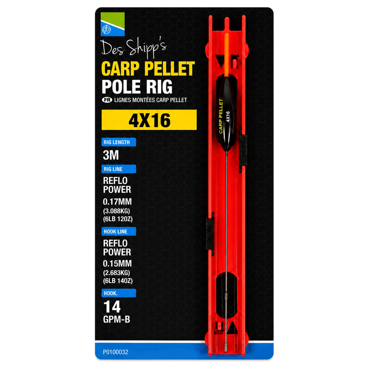 Preston Carp Pellet vistuig 4x16 op een rood tuigenplankje in verpakking