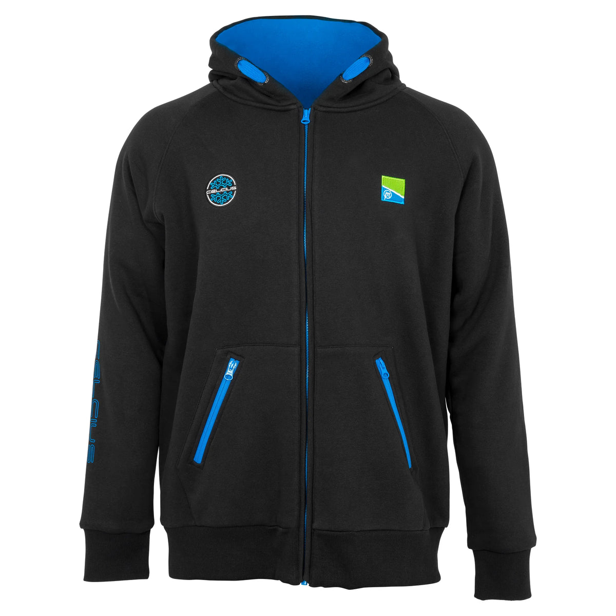 Preston Celsius Hoodie – voorzijde met blauwe fleececapuchon en ritssluitingen