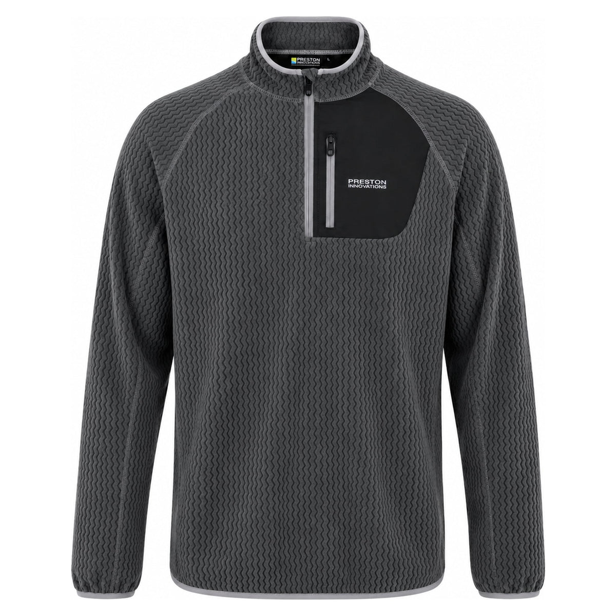 Preston Core Collection Zig Zag Fleece, grijze fleecetrui met korte rits en zwart borstvak in vooraanzicht