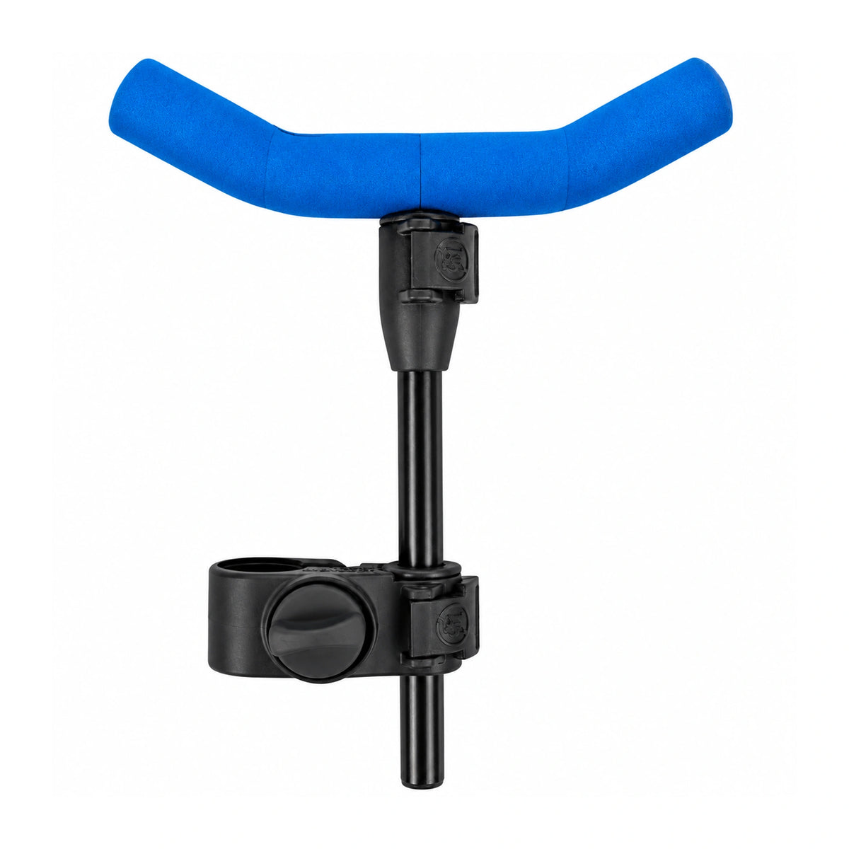 Preston Deluxe Butt Rest Arm P0110004 met blauwe hengelsteun en twee zwarte SnapLok-bevestigingen
