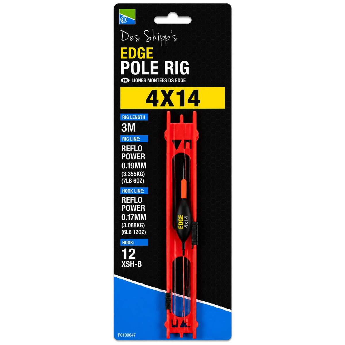 Preston Des Shipp’s Edge Pole Rig 4x14 op zwarte kaart met rode wikkelhouder, dobber en haakmaat 12.