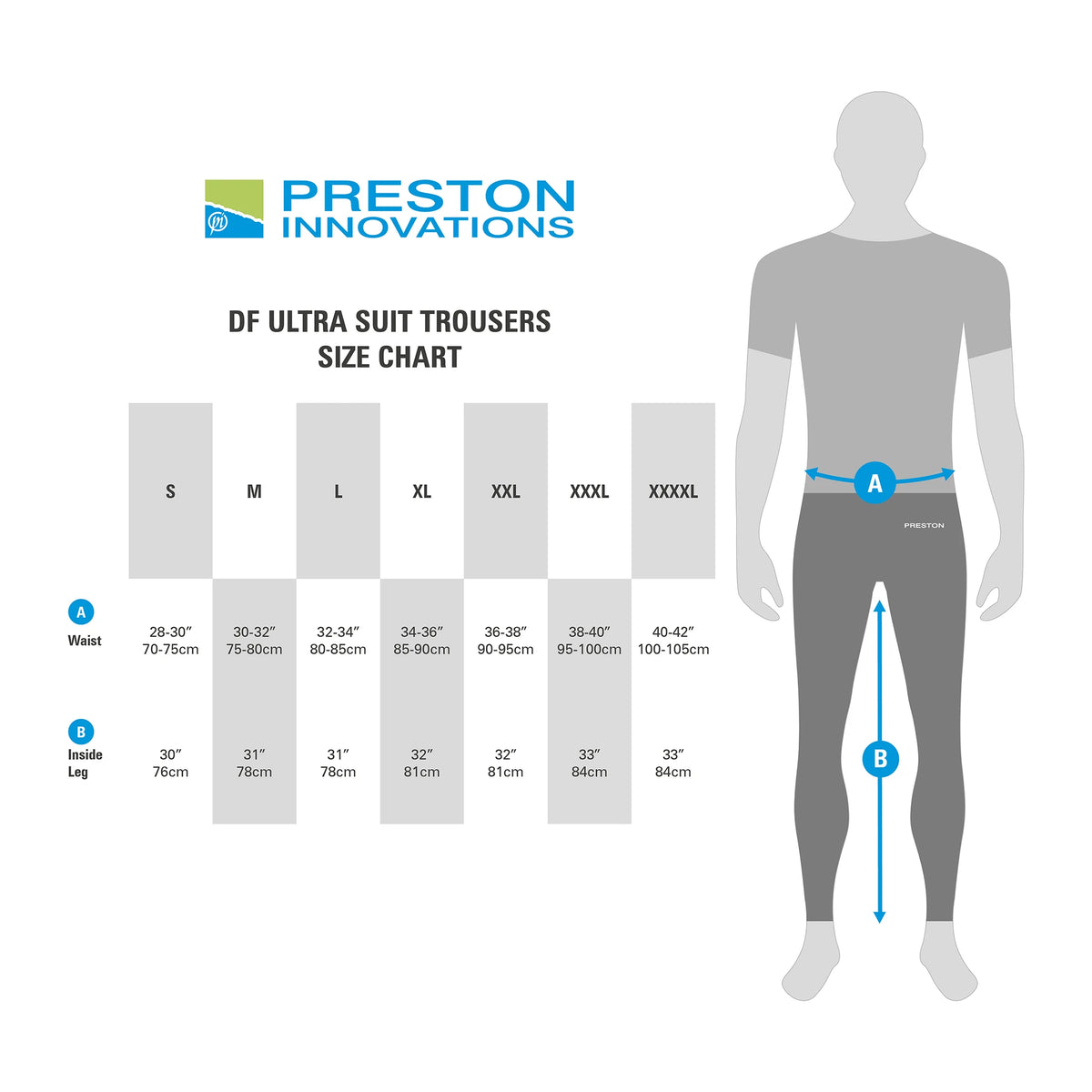 Preston DF Ultra Suit – officiële DF Ultra Suit Trousers-maattabel met oorspronkelijke meetwaarden