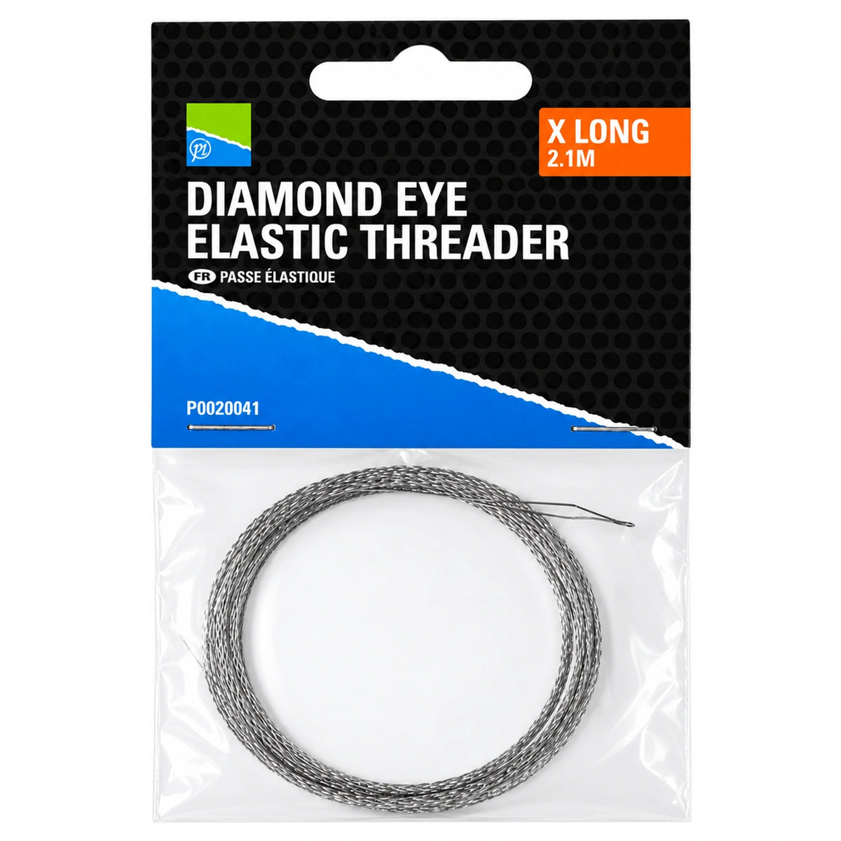 Preston Diamond Eye Elastic Threader X Long 2.1 m, opgerolde metalen elastiektrekker in zwartblauwe verpakking