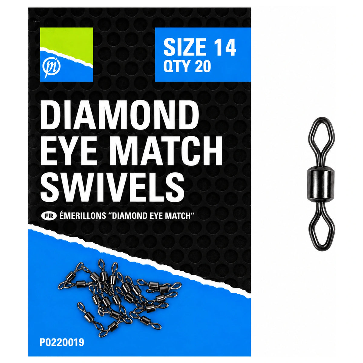 Preston Diamond Eye Match-wartels met verpakking met opdruk Size 14 en QTY 20, naast een vergrote wartel