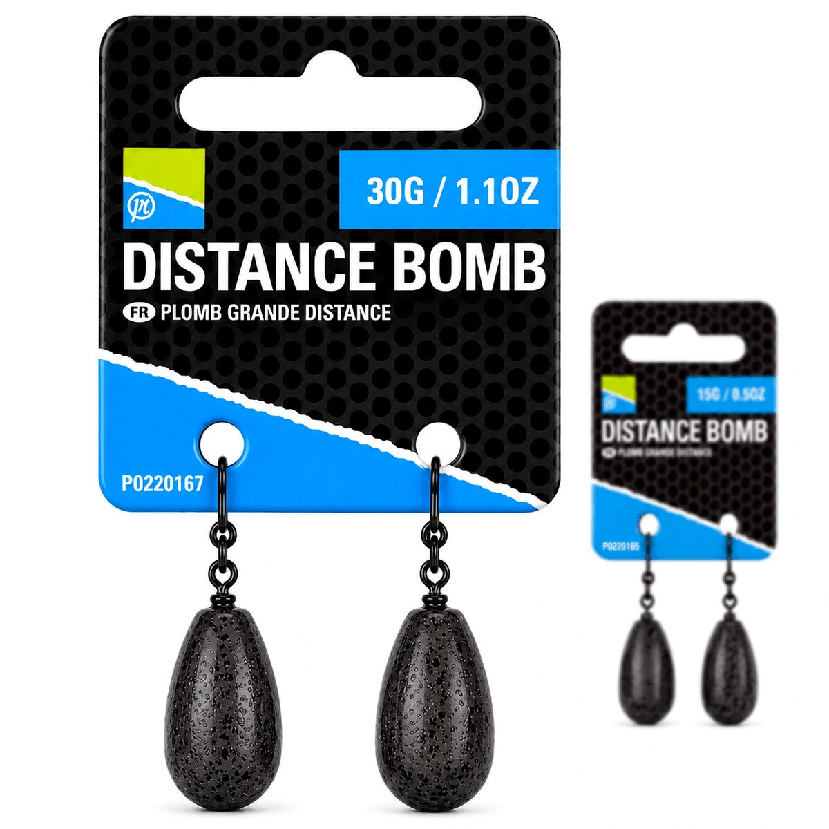 Preston Distance Bomb Leads – 30g-verpakking op de voorgrond en 15g-verpakking op de achtergrond