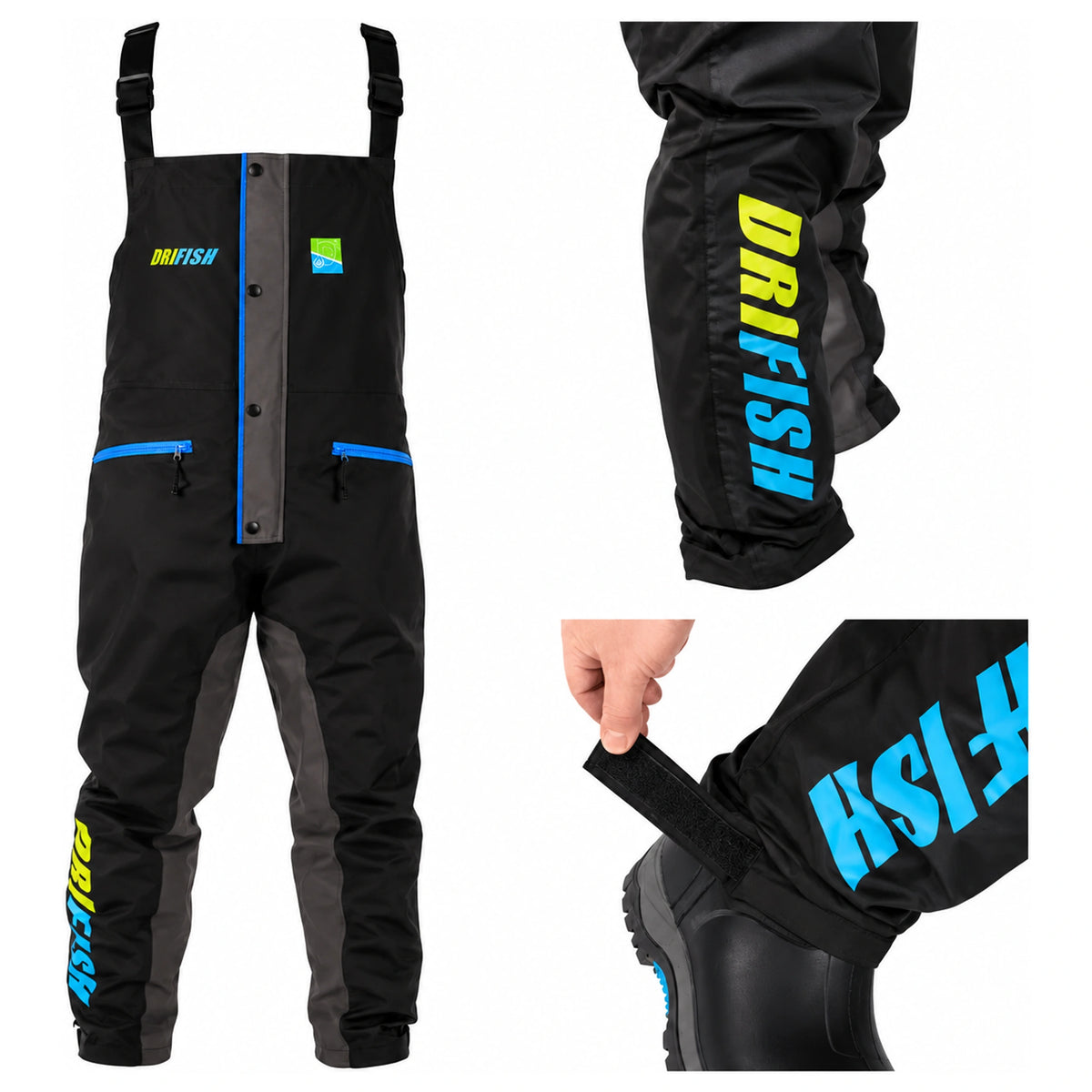 Preston DriFish Bib & Brace regenbroek met bretels en detailbeelden