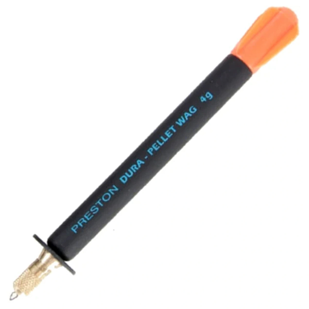 Preston Dura Pellet Waggler 4 g, zwarte dobber met oranje top en messing ondergewicht, diagonaal