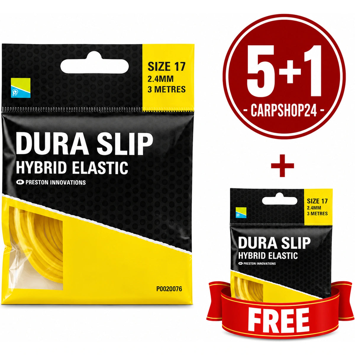 Preston Dura Slip Hybrid Elastic – twee verpakkingen geel elastiek, Size 17, 2,4 mm en 3 metres met 5+1-badge