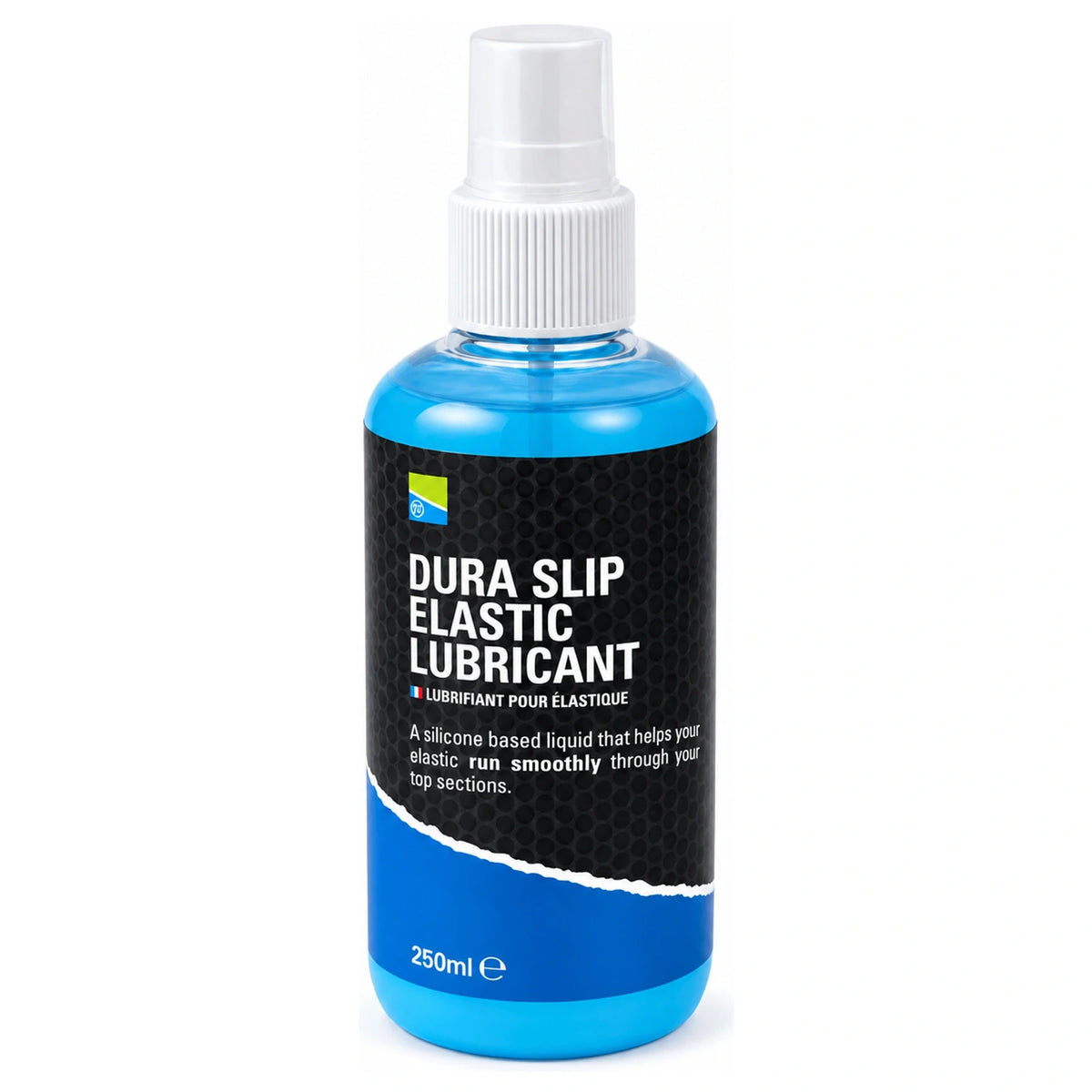 Preston Dura Slip Elastic Lubricant 250 ml, blauwe fles met wit pompje en zwart etiket