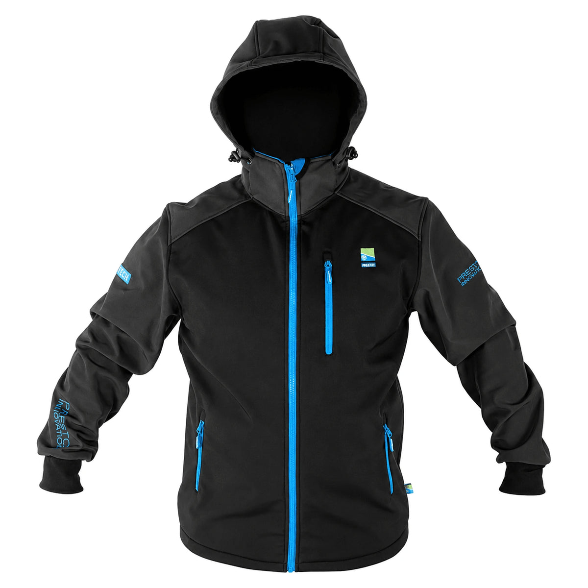 Preston DuraTech Softshell – vooraanzicht van de zwarte softshelljas met capuchon en blauwe ritsen