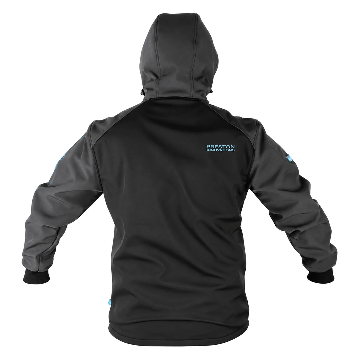 Preston DuraTech Softshell – achteraanzicht met capuchon en Preston Innovations-opdruk