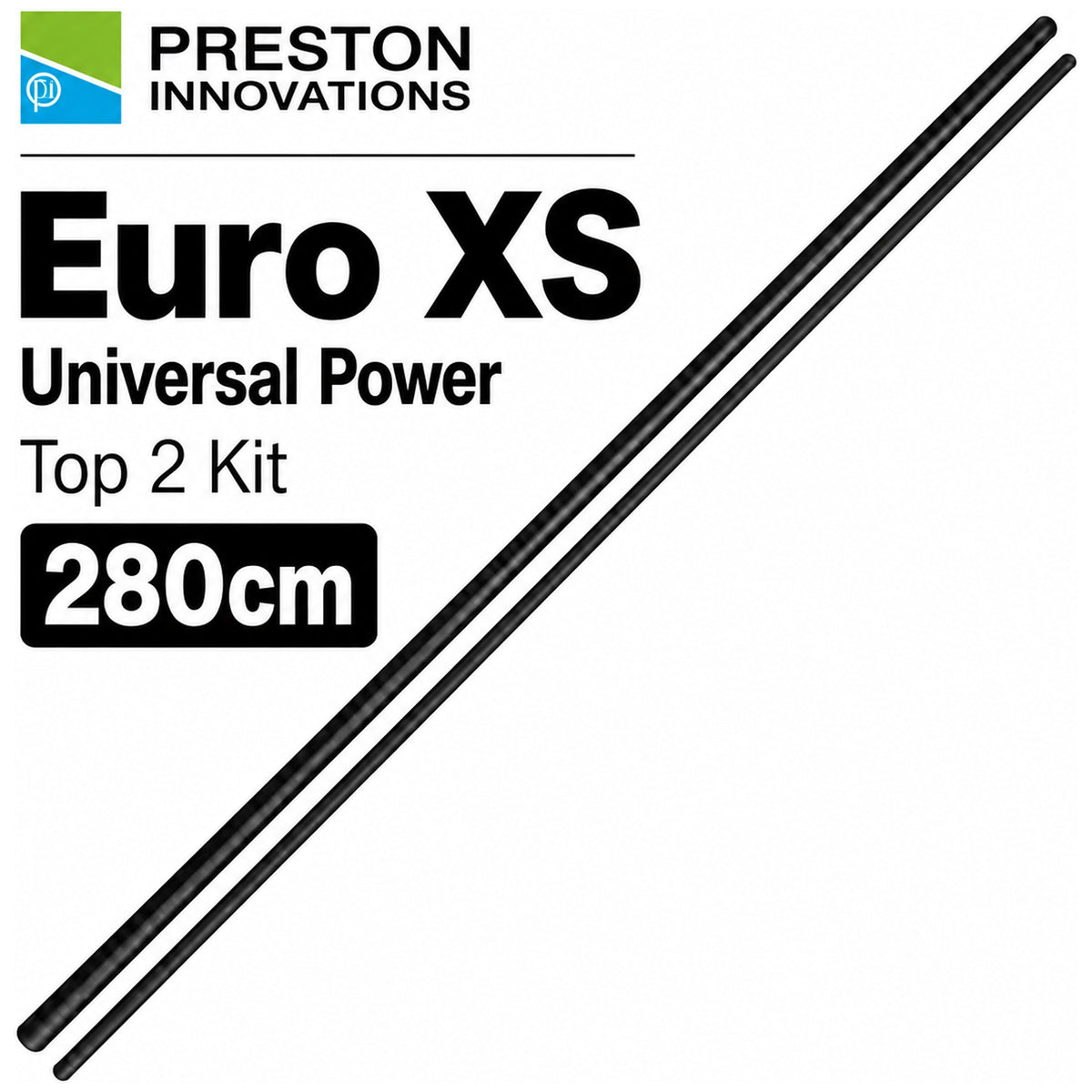 Twee zwarte diagonale topsetdelen met Preston-logo en tekst Euro XS Universal Power Top 2 Kit, met 280cm-badge.