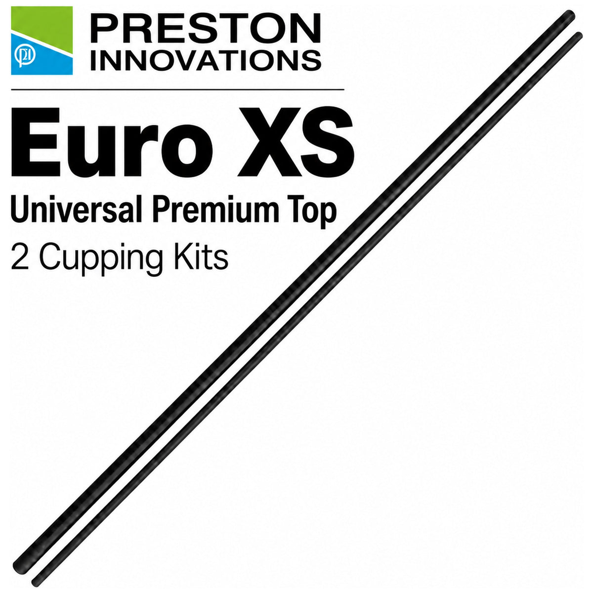 Twee zwarte diagonale topsetdelen naast Preston-logo en tekst Euro XS Universal Premium Top 2 Cupping Kits.