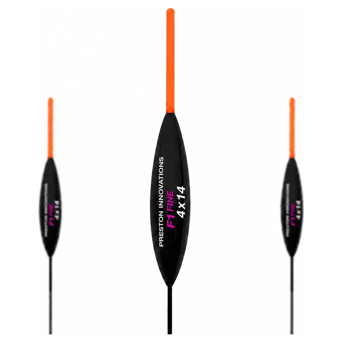 Preston F1 Fine dobbers met oranje antenne, grotere middelste dobber met opdruk 4x14