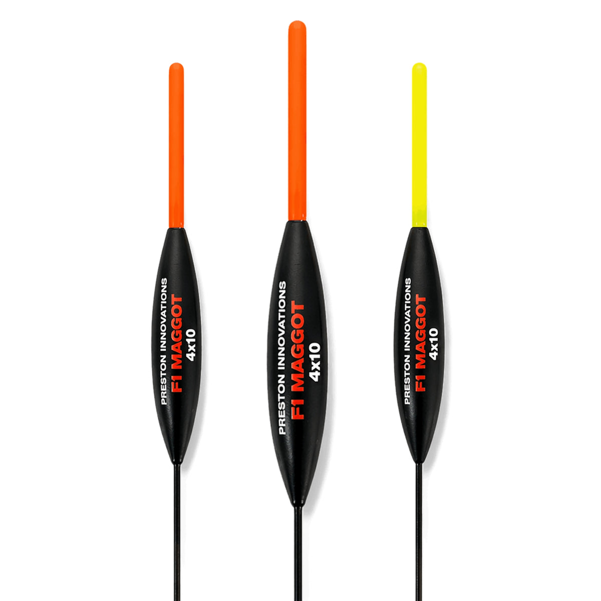 Preston F1 Maggot 4x10 dobbers met rode en gele antenne; drie dobbers op witte achtergrond