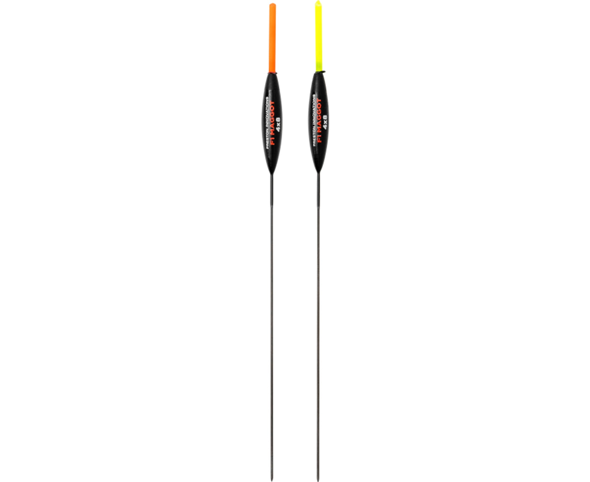 Preston F1 Maggot 4x8 dobbers met rode en gele antenne en volledige onderstelen