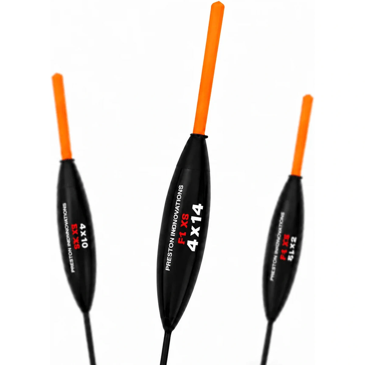 Preston F1 XS dobbers met zwarte lichamen en oranje antennes