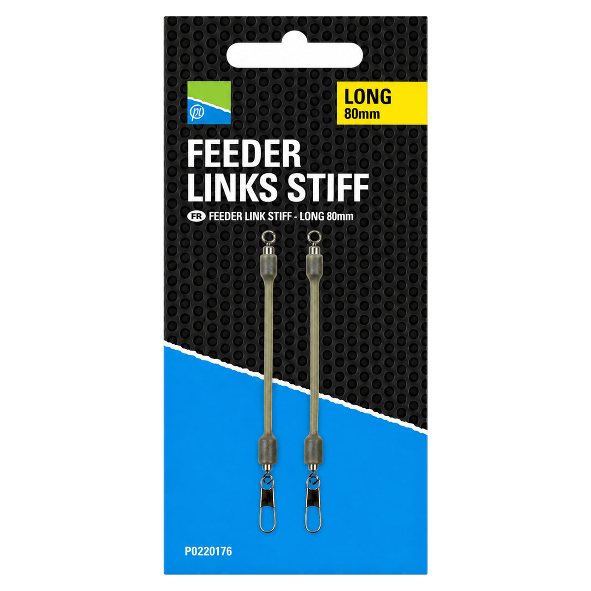 Preston Feeder Links Stiff Long 80mm: twee lange feederlinks op de zwart-blauwe verpakking met geel maatlabel